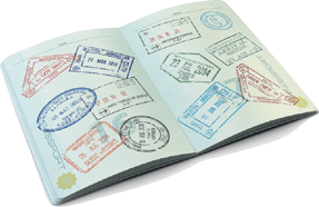 This image shows a passport with multiple travel stamps.