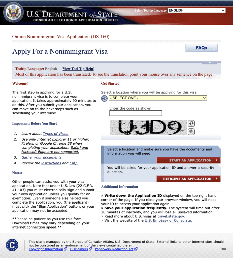 DS-160 Online Form for H-1B visa stamping process