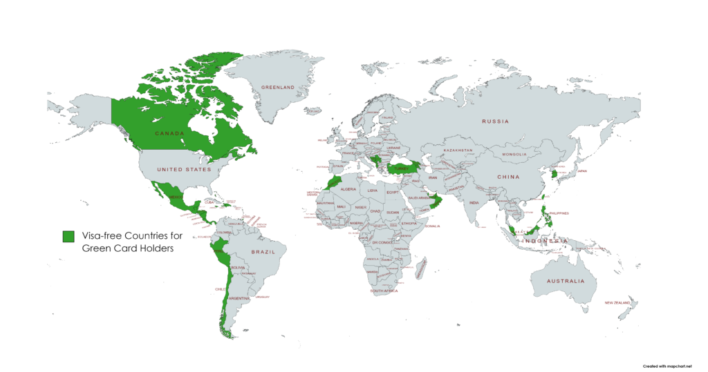 us green card visa free countries Map 2023