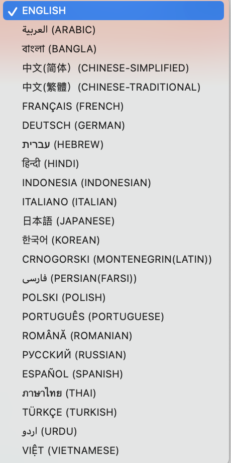 DS-160 List of Available Languages 