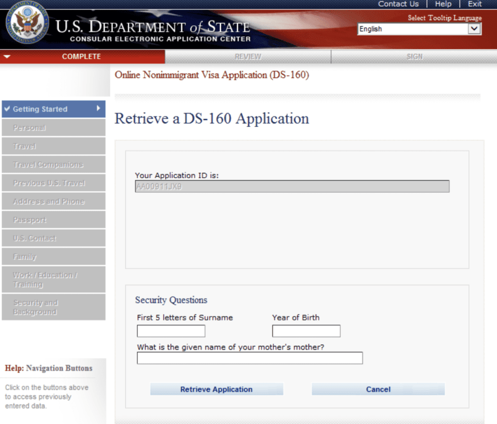 Instructions on How to Retrieve DS-160 Application