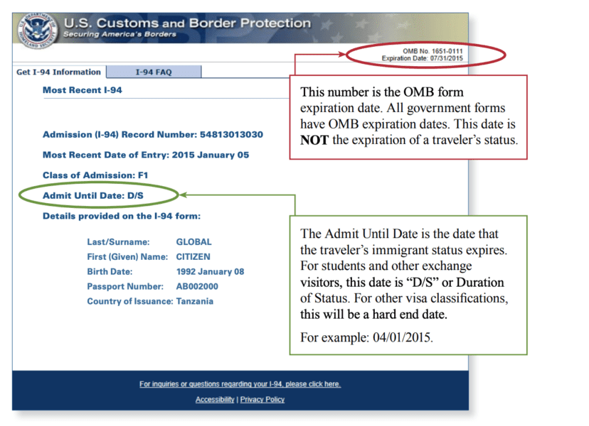 I 94 expiration date visa length arrival departure forms
