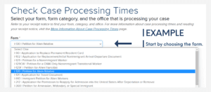 USCIS Processing Times for form I-130 at the California Service Center in 2023 Example 1 Selection the Form