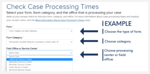 USCIS Processing Times for form I-130 at the California Service Center in 2023 Example 2 Selection Menu