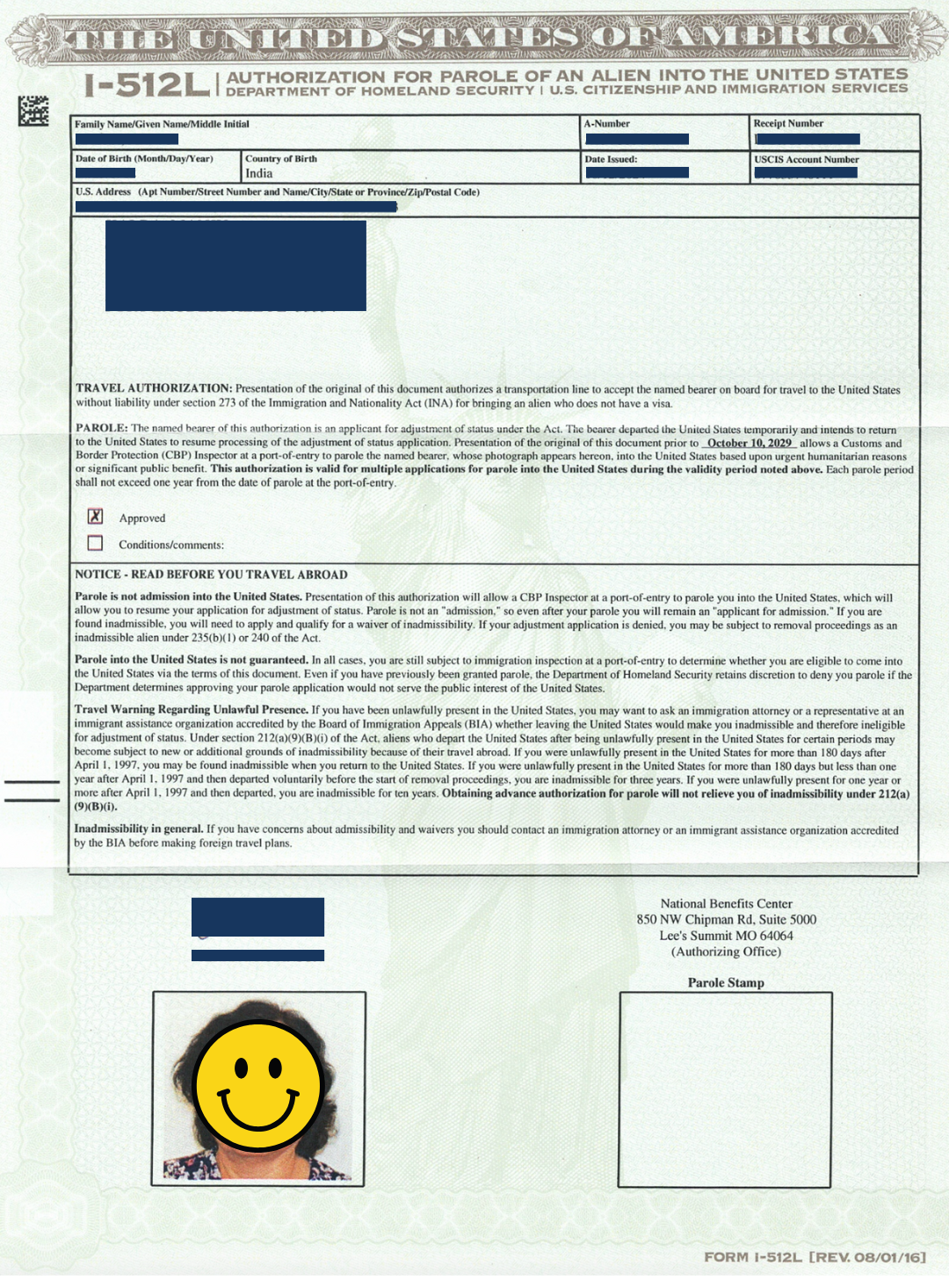 I-512 advance parole document sample