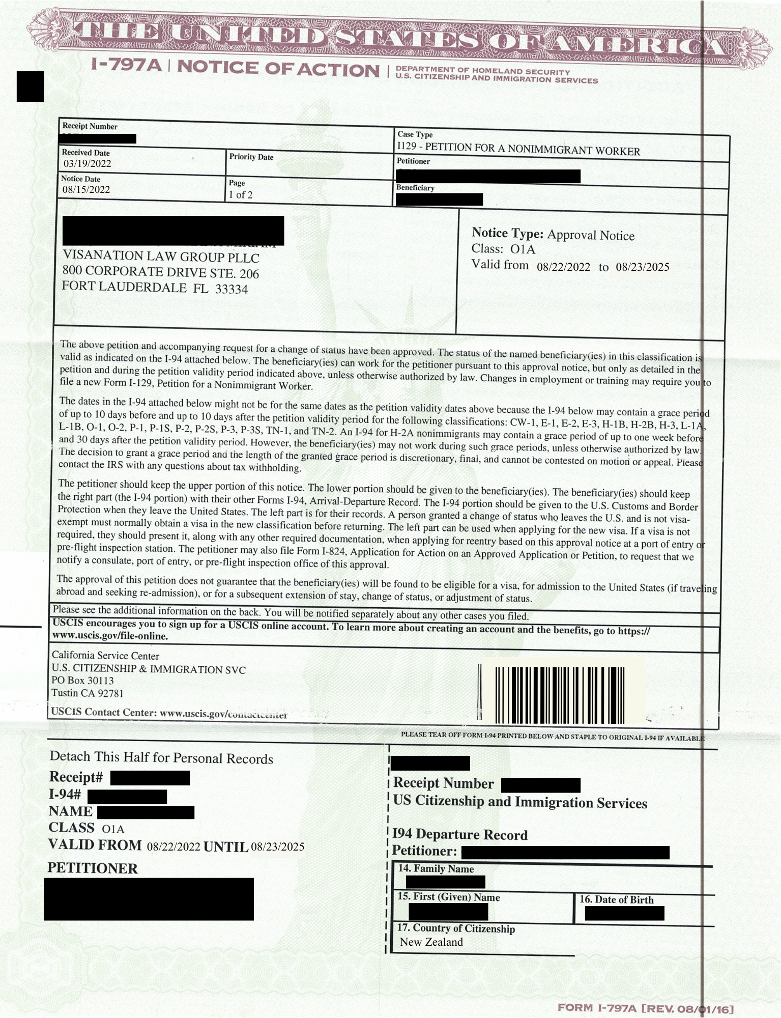 O1A approval for New Zealand Racer