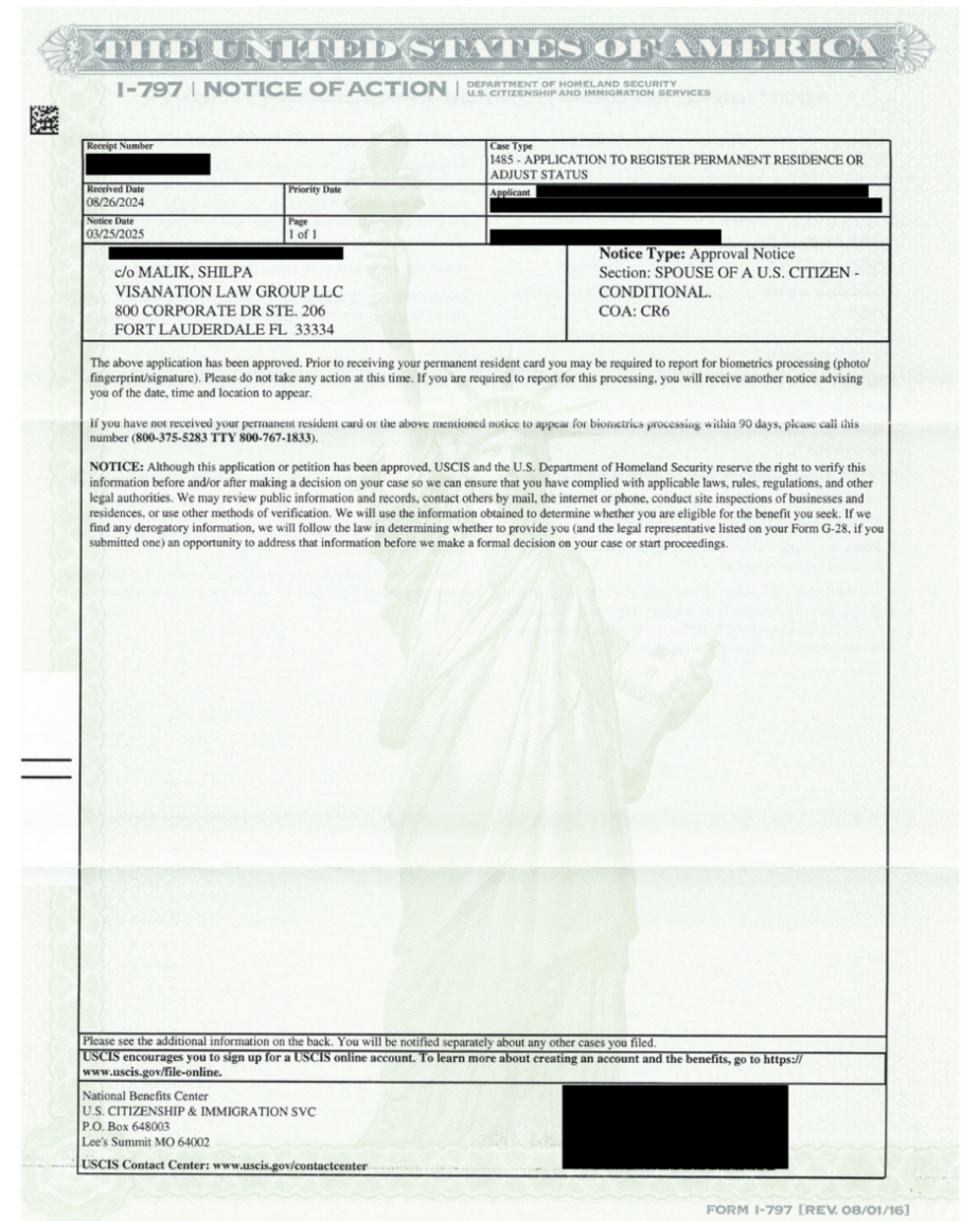 Marriage Green Card Approval notice