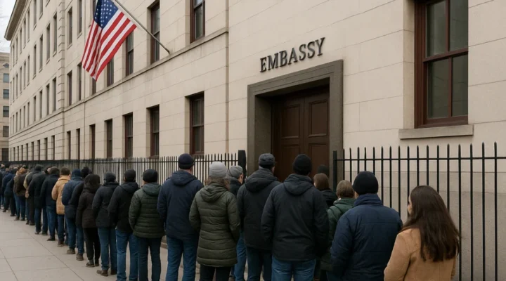 Line of people at a U.S. embassy