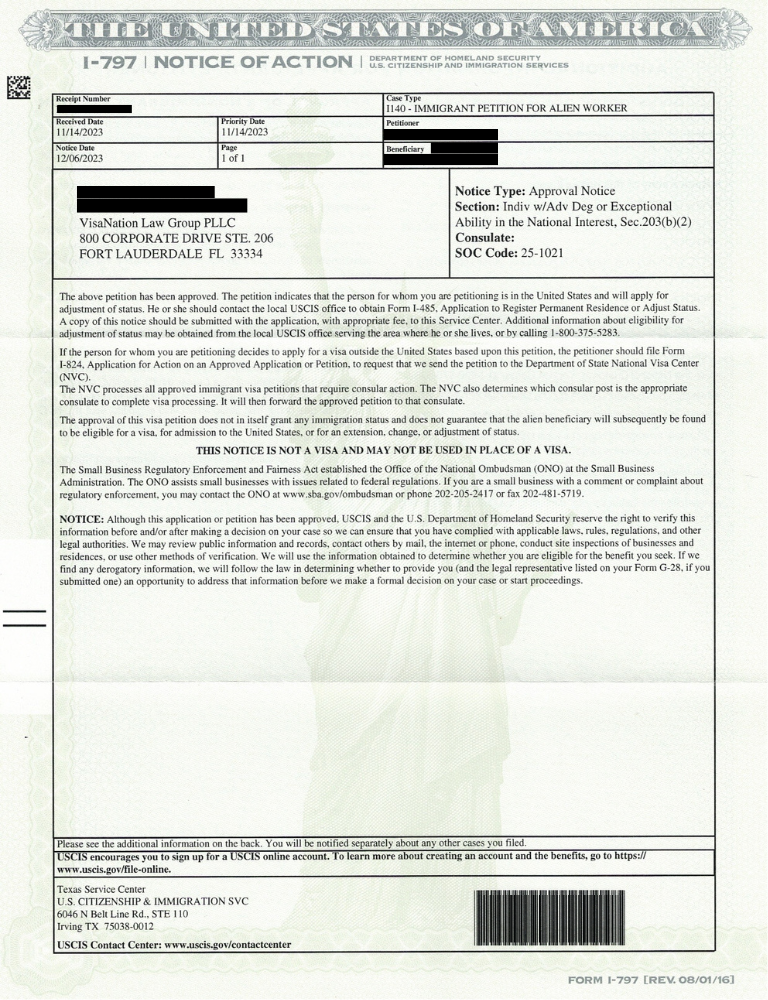 EB-2 NIW Approval Notice for Professor