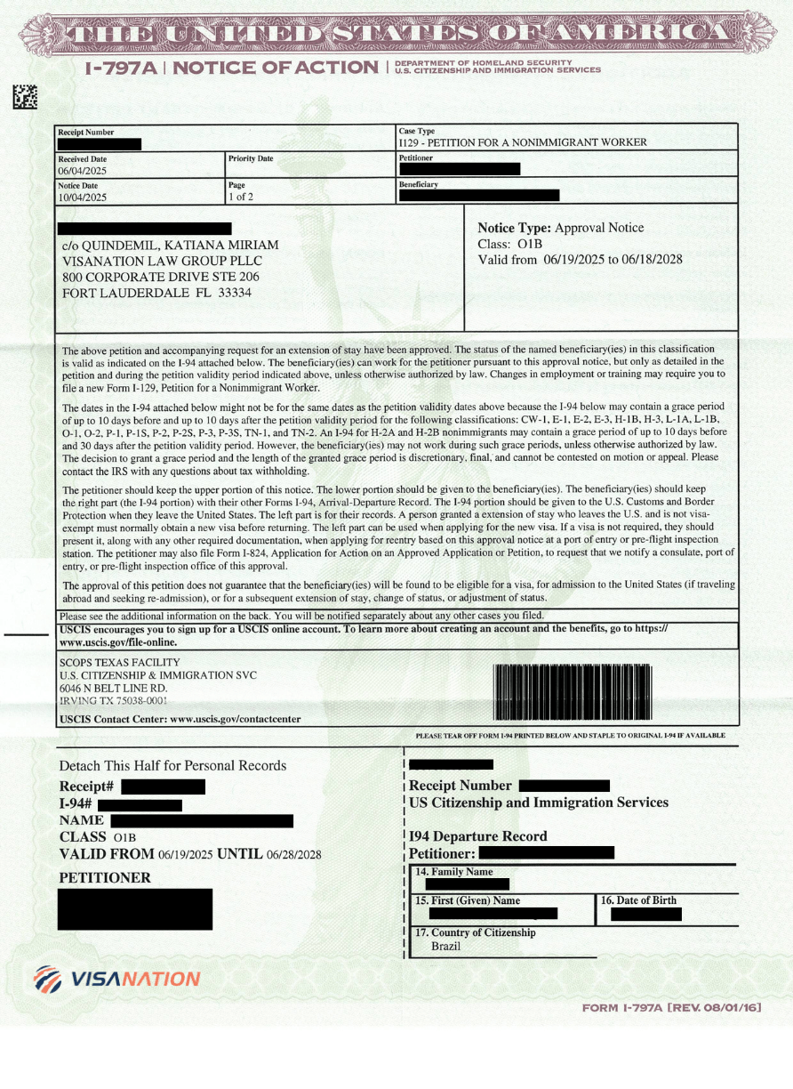 O-1B Approval notice for creative director Brazil