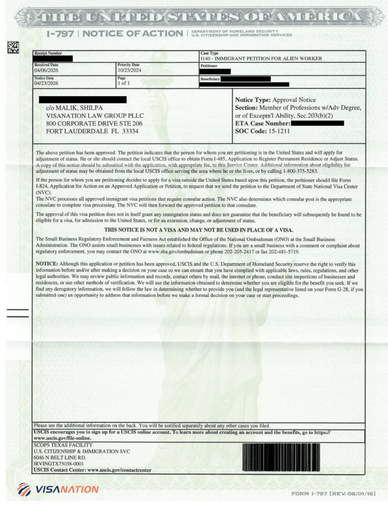 I-140 approval notice for EB-2 for Cloud Architecht