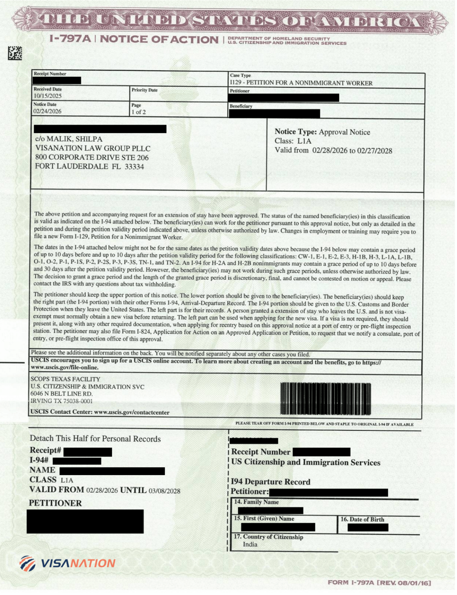 L1A visa approval notice