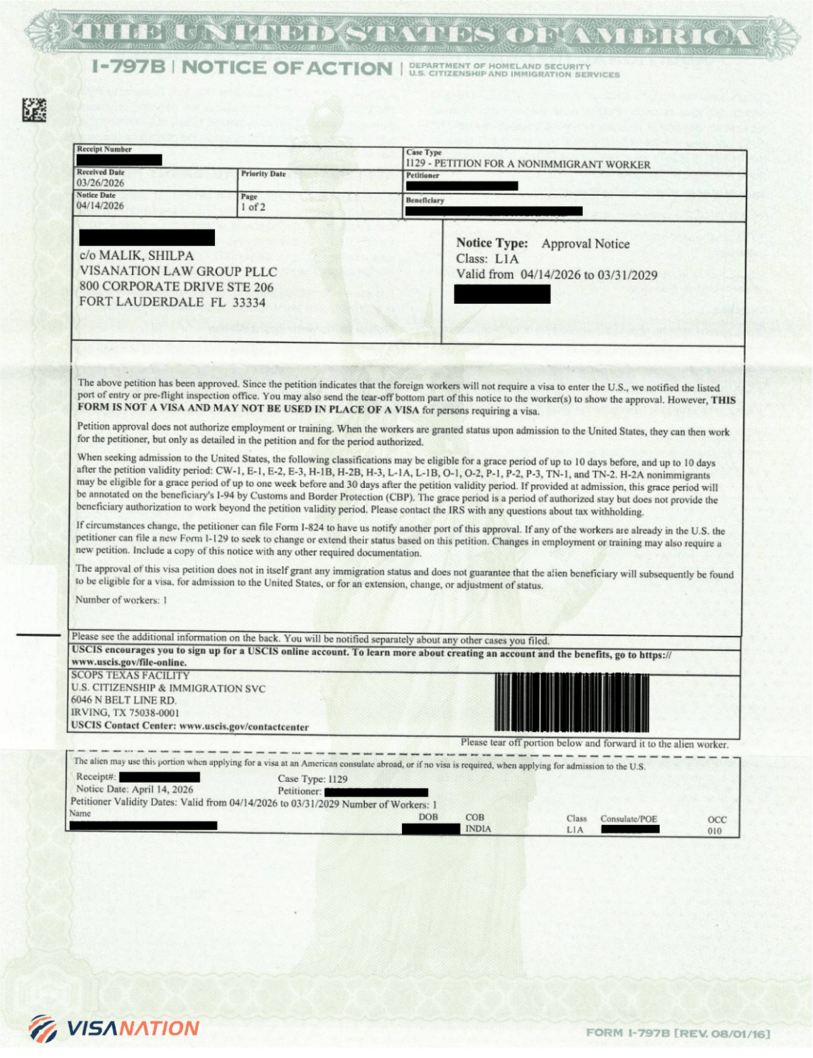 L-1A intracompany transferee approval notice for functional manager