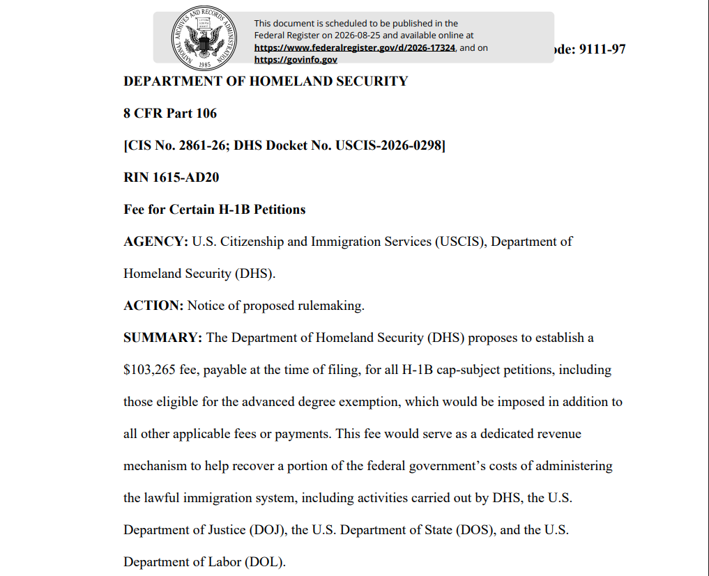 DHS Proposes $103,265 Fee for H-1B Cap-Subject Petitions